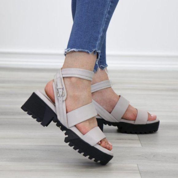 Gray Strappy Chunky Heel Sandal Faux Leather - Picture 2 of 11